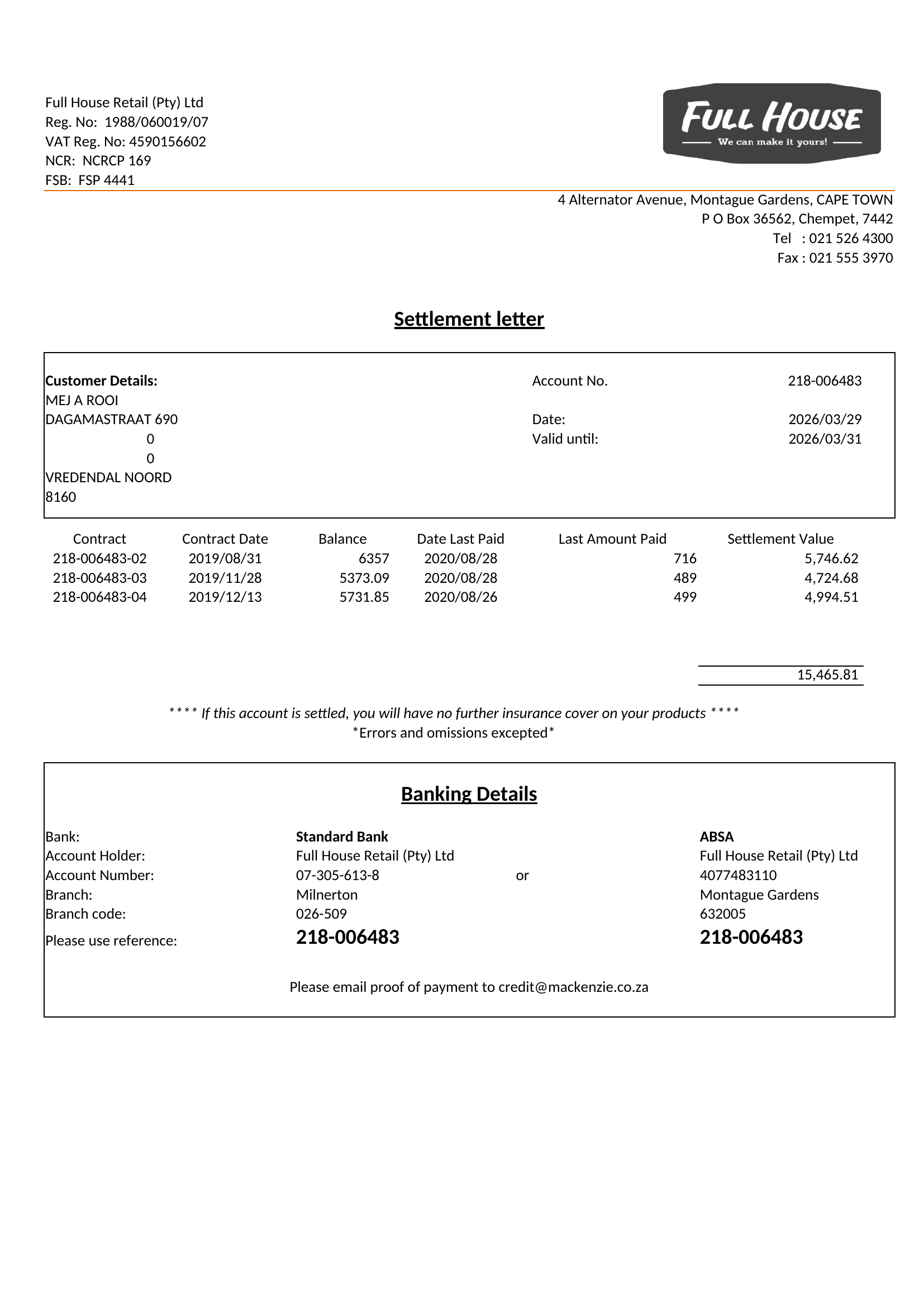 Full House settlement letter showing account details, payment history, and banking information